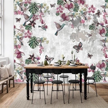 טפט מותאם אישית אירופאי רטרו קיר בטון מצוירים ביד פרח, ציפור הסלון, חדר השינה רקע קישוט קיר ציור
