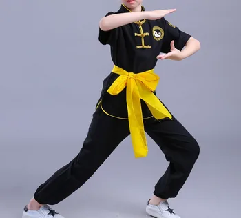 באיכות גבוהה טהור כותנה רקמה ילדים טאי צ ' י מדים קונג פו שרוול קצר חליפות ילדים אומנויות לחימה וושו בגדים שחורים.