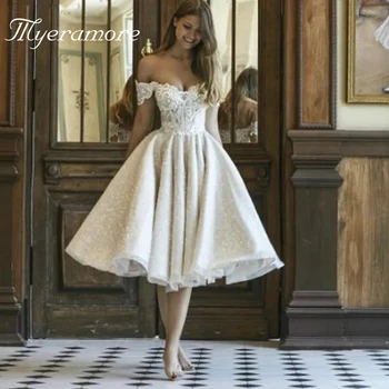 נסיכה נצנצים קצרה שמלות חתונה עבור הכלה חופש כתף תחרה אפליקציה תה באורך שמלות כלה נוצץ הקיץ החלוק de mariée
