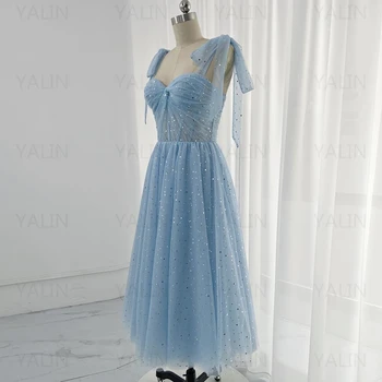 מתוקה נשף שמלה קו A-נצנצים, נצנצים חריץ טול ספגטי רצועה כחולה ללא משענת Eevning שמלות רואה דרך שמלת מסיבת