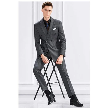 גברים חליפת יוקרה 2023 אפור כהה דפוס פס כפול עם חזה 3 יח '(ז ' קט+מכנסיים+וסט) ביקור רשמי בלייזר רבותיי Slim Fit
