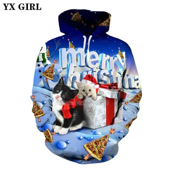 YX ילדה זרוק משלוח 2018 חג מולד האופנה hoodies חתול חמוד חג שמח הדפסת 3d של גברים לנשים מזדמנות עם ברדס