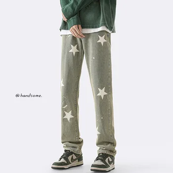 כוכבים הדפסה Slim Fit ג 'ינס לגברים האמריקאי מגמות אופנה גותית אופנת רחוב העשרה עיפרון ג' ינס כהים בתוספת גודל מזדמן מכנסיים