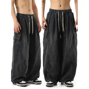 Y2k אופנת רחוב באגי ג 'ינס מכנסיים מזדמנים מכנסיים ארוכים לגברים רחב הרגל Oversize מכנסי דגמ