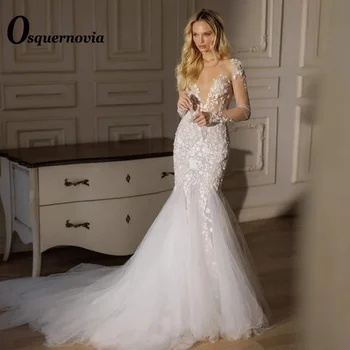 Osquernovia מעולה בתולת ים טול שמלות חתונה עבור כלות עם צווארון וי עמוק אפליקציות מלא ללא משענת שרוולים Abito דה Sposa