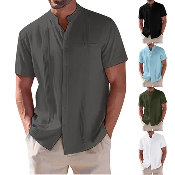 2023 גברים מזדמנים כותנה חולצות פשתן עומד צווארון גברי מוצק צבע שרוולים קצרים חופשי לכל היותר אביב סתיו נאה של הגברים חולצה