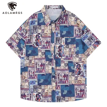 היפ הופ החולצה אופנת רחוב גברים הוואי חולצות משובצות איור הדפסה Harajuku קיץ החוף חולצה חולצות שרוול קצר מזדמן
