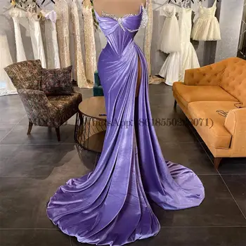 סגול בתולת ים שמלות ערב צד שסף מחוץ כתף חרוזים קפלים רשמית נשף שמלת ערב הסעודית הכלה שמלות מסיבת 2023
