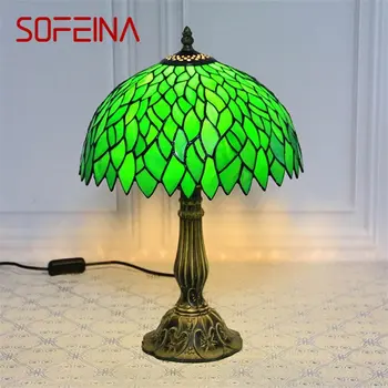 SOFEINA טיפאני זכוכית, מנורת שולחן LED מודרני יצירתי עלה ירוק שולחן אור הביתה הסלון מחקר העיצוב של המיטה.