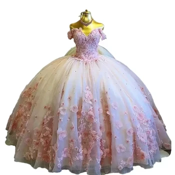 ANGELSBRIDEP טול שמלת נשף הטקס השמלות כתף מדהימה ורוד 3D פלורה פרחים מתוק 15 ערב נשף מסיבת שמלות