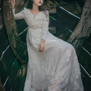אלגנטי סריגה שמלה יער יער פיות שדונים חתונה כלה התחפושת הכי קומה רשת החוף שמלה ארוך שרוולים לנשים