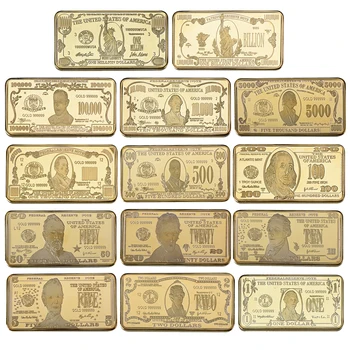 14pcs האמריקאי USD 1 2 5 10 20 50 100 500 1000 מיליון מיליארד דולר במטילי זהב 24K זהב מתכת הבר איסוף המתנה.