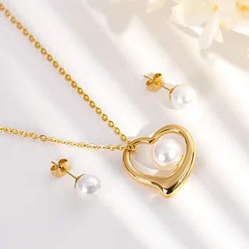 זהב צבע נירוסטה לב תכשיטים מגדיר עבור נשים אופנה מעטפת חרוזים עגילי תליון שרשרת תכשיטי מתנה