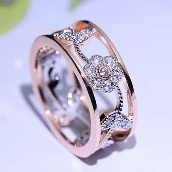 פרח הגפן משאיר טבעת מיקרו משובץ AAA זירקון שכבה כפולה של שתי טון הטבעת טבעות נישואין לנשים אופנה מתנה תכשיטים