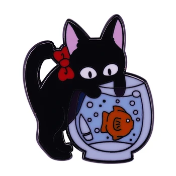 חתול שחור ג ' יג ' י אמייל מסמר מצחיק קיטי משחק עם דגים תג אנימה KKdelivery נוי תכשיטים