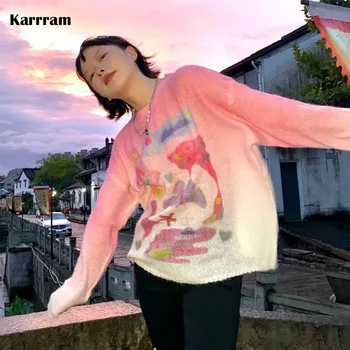 Karrram יפן ורוד מתוק סוודר בנות פרפר הדפסה סרגה סוודרים גדולים שיפוע נשים סתיו בגדי מעצבים Kawaii