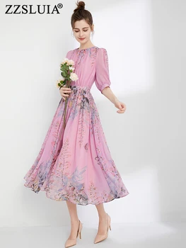 ZZSLUIA שמלות אלגנטיות לנשים מודפס מעצב רזה מידי אופנה שמלה פנס שרוול בציר שמלות נקבה בגדים