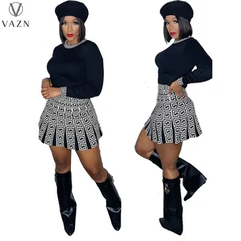 VAZN 2022 שרוול ארוך צוואר עגול קצר עליון אלסטי מיני חצאית קצרה מודפס שתי ערכות קטע חם מכירה נשים סקסית סגנון רחוב
