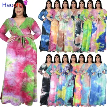 HAOOHU גודל פלוס עניבה צבע הדפסה אורך רצפת שמלת נשים עמוק V בצוואר שרוול מלא בכושר Maix שמלת האביב גבוהות מותן, שמלות