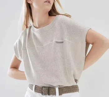פשתן, משי 2023 אביב קיץ רופף לכל היותר מעצב נשים שרשרת זרוק על הכתף סרגה סוודר שרוול קצר ג 'קט ג' מפרים.