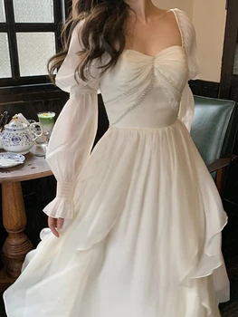 צרפתי מתוק פיות להתלבש נשי סלים מפלגה שרוול ארוך שמלה משרד ליידי אלגנטית סיבתי השמלה מוצק אופנה קוריאנית 2023 הקיץ
