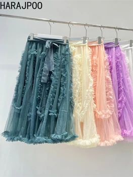 Harajpoo האישה חצאית 2022 קיץ אופנה סגנון קוריאני גדול להניף פטריות קצה תפרים רשת בנות מתוק קשת פיות חצאיות