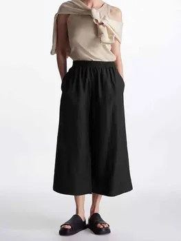 נשים 2023 אופנה חדשה כותנה פשתן רופף רחב הרגל המכנסיים בציר גבוהה אלסטי המותניים שרוך נקבה מכנסיים Mujer