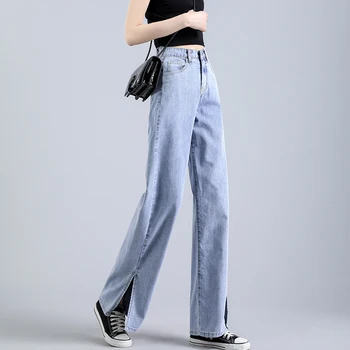 ג 'ינס נשים פנאי רופף גבוהה המותניים רטרו רחב הרגל Womens ג' ין בסגנון קוריאני כל-התאמה פשוטה באורך מלא שיק אופנתי רוכסן לעוף