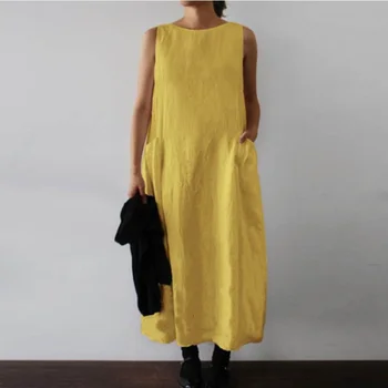 Korejepo רופף סביב צוואר שמלות כיס פנאי פשטות גופיה 2023 שמלה מוצקה כותנה פשתן ללא שרוולים בגדי הקיץ