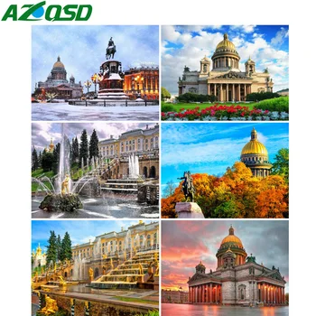 AZQSD יהלום רקמה Saint Petersburg בניית פסיפס מלא יהלום מרובע ציור נוף העיר מלאכת עיצוב הבית