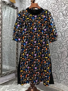 הרכש החדש השמלה 2023 קיץ סגנון אופנה נשים צבעוני טביעות קפלים טלאים שרוול קצר מקרית ארוך חולצת טי שמלה שחור