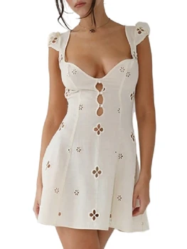 בוהו השראה לבן slim fit נשים סקסיות שמלת מסיבת V-צוואר שרוול קצר mini Y2k שמלת כפתורים רקמה פרחונית שמלת הקיץ