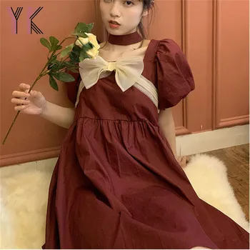 היסטור-היא צוואר מרובע פאף שרוול מוצק קשת קפלים שמלה צרפתית מזדמן אופנה מתוק של נשים Vestidos בציר קיץ Sukienka