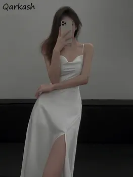 Midi שמלה ללא שרוולים לנשים לבן מוצק בצד לחתוך נדן עיצוב Платье Женское קוריאנית אופנתי אופנה מקרית Slim Fit קלאסי