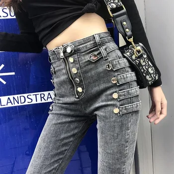 2023 חדש בציר גבוהה המותניים כפתורים רזה עיפרון ג 'ינס קוריאני כל-התאמה סלים ג' ינס מכנסיים קלאסיים קרסול-אורך מכנסיים נשים