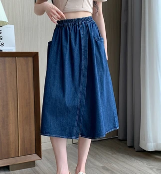 שיק כיס ג 'ינס חצאיות נשים רופף קוריאנית גבוהה המותניים קו כביסה 2023 הקיץ הנשי ג' ינס חצאיות מידי אופנת רחוב L806A