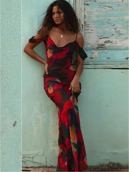ג ' וליסה מו נשים קיץ אלגנטי הדפסה להחליק רשת לראות דרך שמלת מקסי חג החוף ללא שרוולים שמלות ערב Vestidos 2023