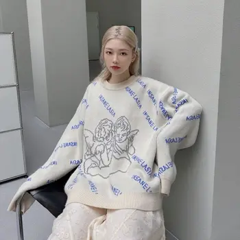 מנופחים אופנת רחוב מלאך דפוס של נשים סוודר עצלן סוודר חדש קוריאני גרסה צוואר עגול אופנה סוודר נשים 2021 אביב