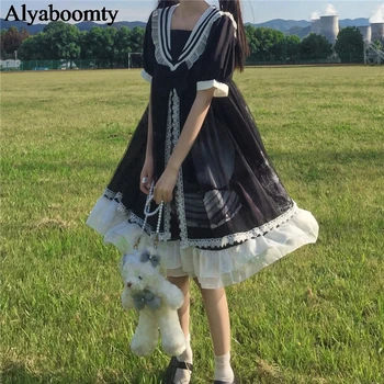יפנית לוליטה סגנון האביב קיץ נשים שמלת צווארון מלח קשת שחור כחול טול שמלה חמודה Kawaii קפלים רשת שמלות ערב