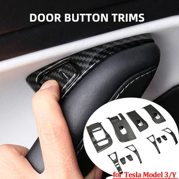 כפתור דלת Trims חלון להרים כפתור טסלה מודל 3 דלת מתג הבקרה כיסוי מדבקה 2017-2022 ABS סיבי פחמן אביזרים