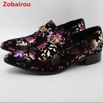 Zobairou mens נעלי עור אמיתי אלגנטית פרח ריקמה, קטיפה נעלי מוקסינים nubuck mens הצביע הבוהן נעליים 2018