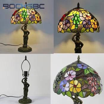 BOCHSBC טיפני ויטראז ' מנורת שולחן האירופי אמנות בסגנון רטרו ענבים מנורה דקורטיבית בסלון חדר שינה LED לילה אור