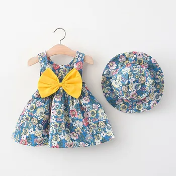שמלה + כובע 2piece הקיץ התינוקת בגדים פרחוניים חמוד קשת חצאית אופנה מזדמן הפעוט ללא שרוולים שמלות ילדים שמלת תחפושת