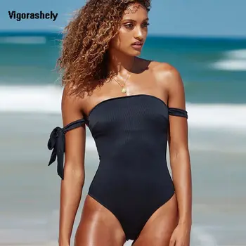 Vigorashely סקסי Bandeau חתיכה אחת של בגדי נשים, בגדי ים 2018 שחור את הכתף Monokini בגד בגד ים נשי
