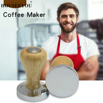 51MM ידית עץ אבקת הקפה פטיש שטוח אספרסו להתעסק נירוסטה קפה להתעסק בריסטה כלים Coffeeware