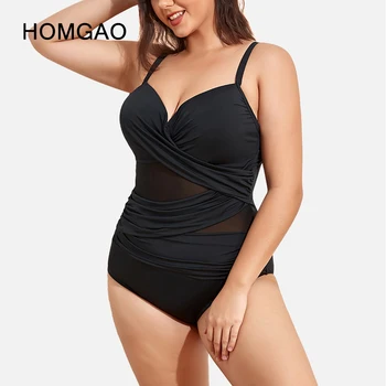 HOMGAO שחור לדחוף את חתיכה אחת בגדי ים בתוספת גודל לנשים סקסיות רשת טלאים בגדי ים הבטן שליטה Boqysuit בגדי ים