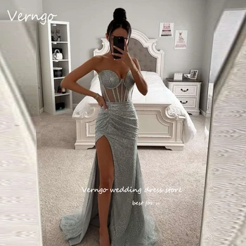 Verngo גליטר אפור טול סקסי שמלות לנשף מתוקה פיצול קפלים לראות דרך לדפוק שמלת ערב רשמי שמלה למסיבת